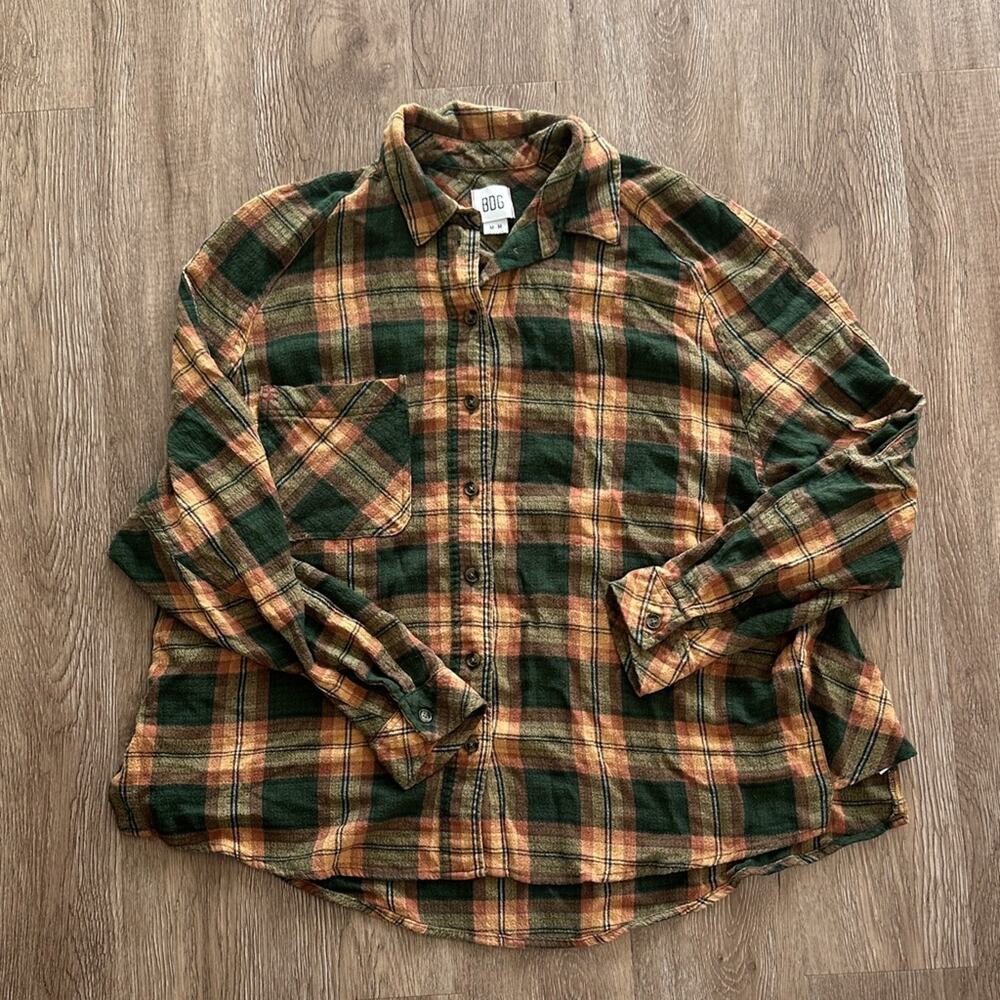BDG Green and Tan Plaid Button-Down Shirt